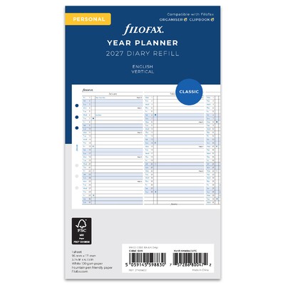 Filofax Naptárbetét Éves Vertikális Personal Fehér 2027