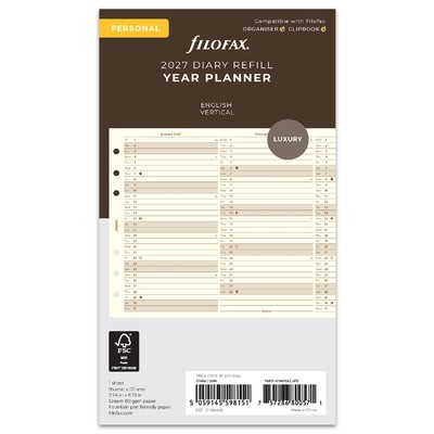 Filofax Naptárbetét Éves Vertikális Personal Krém 2027