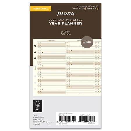 Filofax Naptárbetét Éves Vertikális Personal Krém 2027