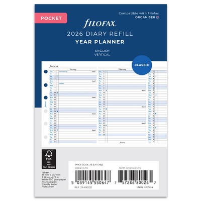 Filofax Naptárbetét Éves Vertikális Pocket Fehér 2026