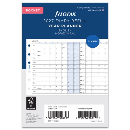 Filofax Naptárbetét Éves Vertikális Pocket Fehér 2027