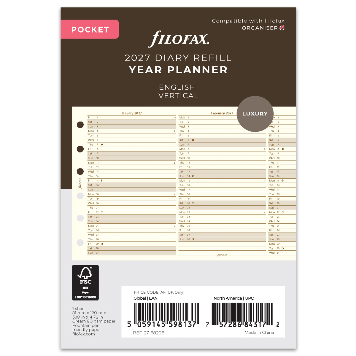 Filofax Naptárbetét Éves Vertikális Pocket Krém 2027 Filofax Naptárbetét Éves Vertikális Pocket Krém 2027