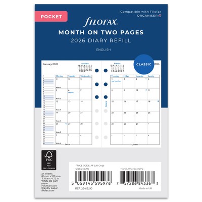 Filofax Naptárbetét Havi Pocket Fehér 2026