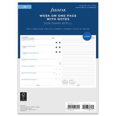 Filofax Naptárbetét Heti 1 hét / 1 oldal + 1 oldal jegyzet A5 Fehér 2026