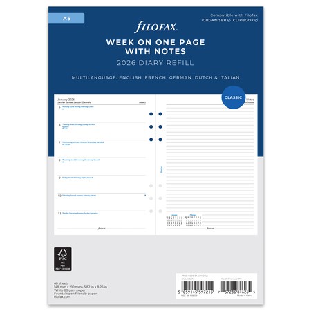 Filofax Naptárbetét Heti 1 hét / 1 oldal + 1 oldal jegyzet A5 Fehér 2026