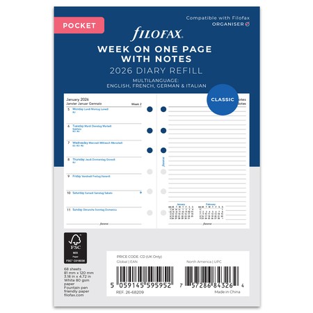 Filofax Naptárbetét Heti 1 hét / 1 oldal + 1 oldal jegyzet Pocket Fehér 2026