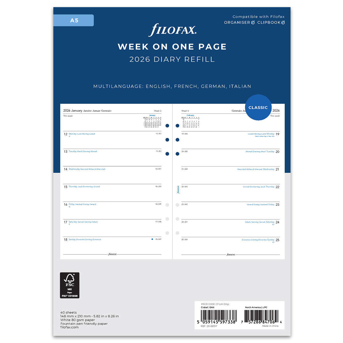 Filofax Naptárbetét Heti 1 hét / 1 oldal A5 Fehér 2026 Filofax Naptárbetét Heti 1 hét / 1 oldal A5 Fehér 2026
