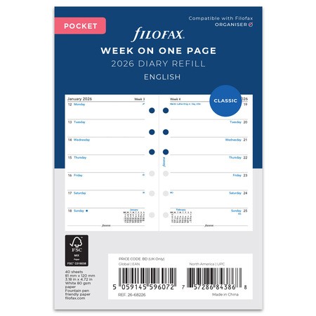 Filofax Naptárbetét Heti 1 hét / 1 oldal Pocket Fehér 2026