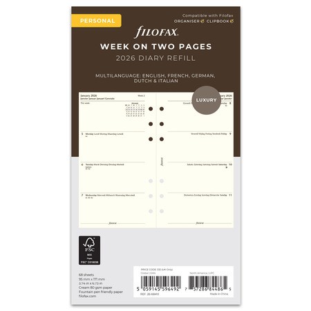 Filofax Naptárbetét Heti 1 hét / 2 oldal 5 nyelvű Personal Krém 2026