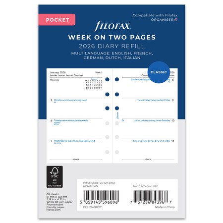 Filofax Naptárbetét Heti 1 hét / 2 oldal 5 nyelvű Pocket Fehér 2026