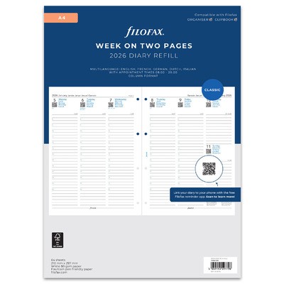 Filofax Naptárbetét Heti 1 hét / 2 oldal Oszlopos 5 nyelvű A4 Fehér 2026