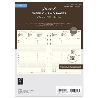 Filofax Naptárbetét Heti 1 hét / 2 oldal Oszlopos 5 nyelvű A5 Krém 2026