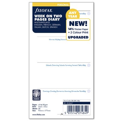 Filofax Naptárbetét Heti 1 hét / 2 oldal Personal Fehér Dátum nélküli