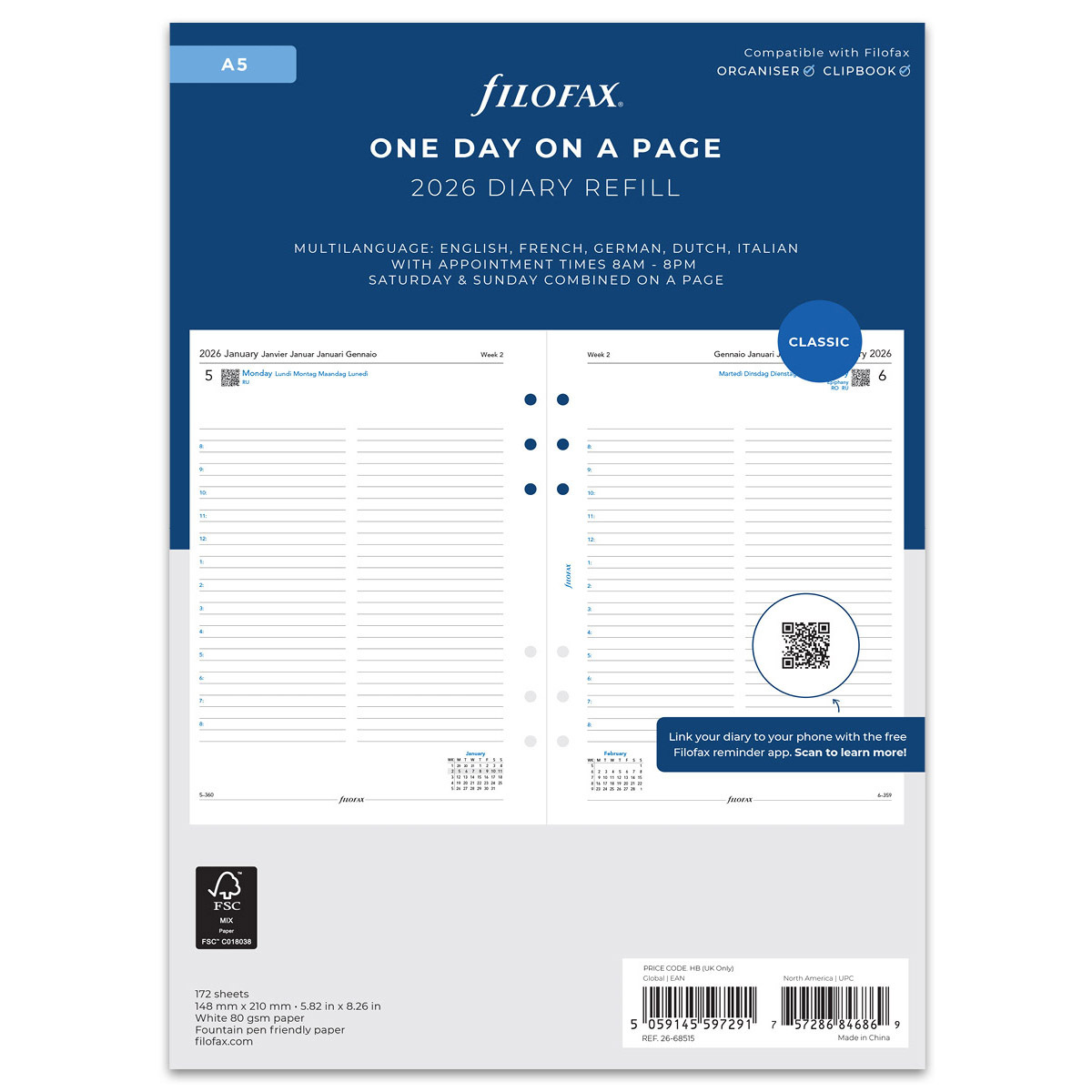 Filofax Naptárbetét Napi 1 nap / 1 oldal 5 nyelvű A5 Fehér 2026 Filofax Naptárbetét Napi 1 nap / 1 oldal 5 nyelvű A5 Fehér 2026