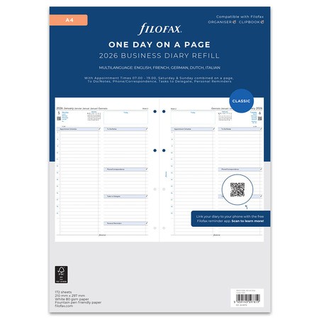 Filofax Naptárbetét Napi 1 nap / 1 oldal Business A4 Fehér 2026