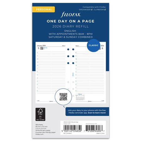 Filofax Naptárbetét Napi 1 nap / 1 oldal Personal Fehér 2026