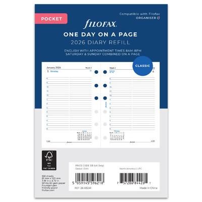 Filofax Naptárbetét Napi 1 nap / 1 oldal Pocket Fehér 2026