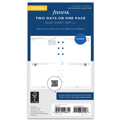 Filofax Naptárbetét Napi 2 nap / 1 oldal Personal Fehér 2026