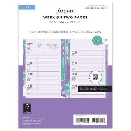 Filofax Naptárbetét + Pótlapok csomag A5 Színes Floral 2026