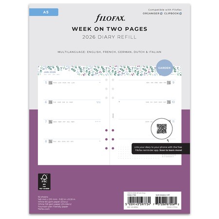 Filofax Naptárbetét + Pótlapok csomag A5 Színes Garden 2026