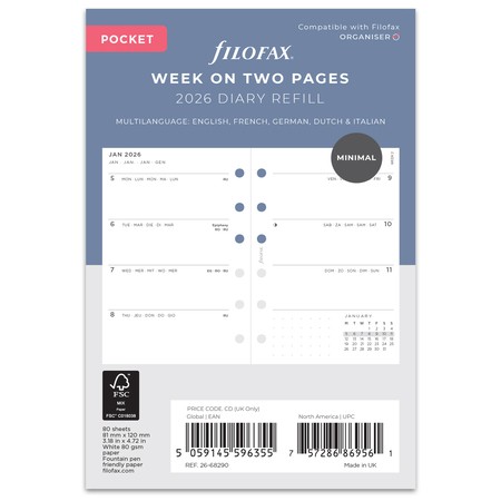 Filofax Naptárbetét + Pótlapok csomag Pocket Minimal 2026