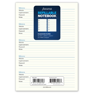 Filofax Notebook Pótlap Jelszó lista Fehér A5