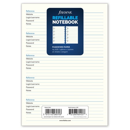 Filofax Notebook Pótlap Jelszó lista Fehér A5