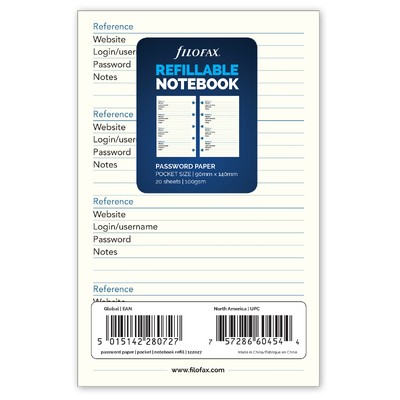 Filofax Notebook Pótlap Jelszó lista Fehér Pocket