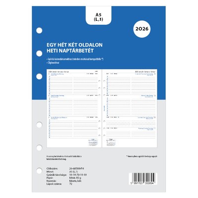 Filofaxhoz Naptárbetét Heti 1 hét / 2 oldal Magyar (H-GB-D) A5 2026 Fehér