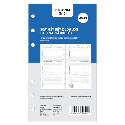 Filofaxhoz Naptárbetét Heti 1 hét / 2 oldal Magyar (H-GB-D) Personal 2026 Fehér