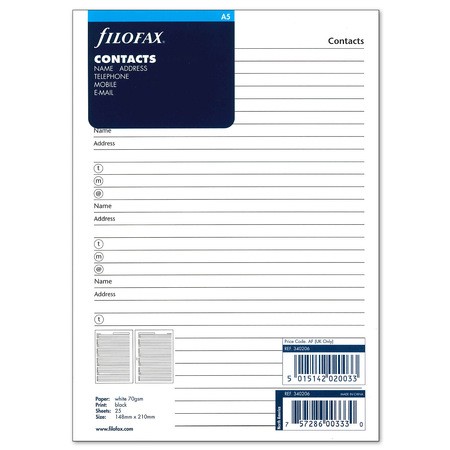 Filofax Kontakt lista (Név / Cím / Telefon / Email / Fax Mobil) A5 Fehér