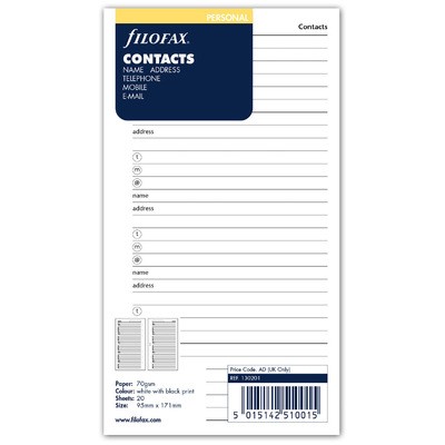 Filofax Kontakt lista (Név / Cím / Telefon / Email / Fax Mobil) Personal Fehér