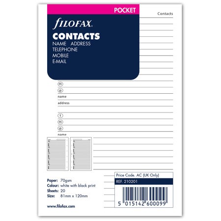 Filofax Kontakt lista (Név / Cím / Telefon) Pocket Fehér
