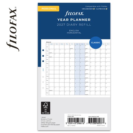 Filofax Naptárbetét Éves Horizontális Personal Fehér 2027