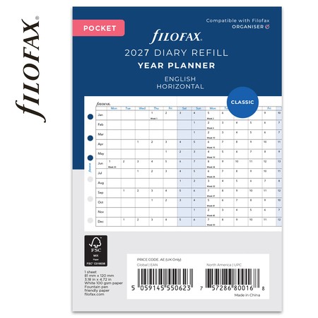Filofax Naptárbetét Éves Horizontális Pocket Fehér 2027