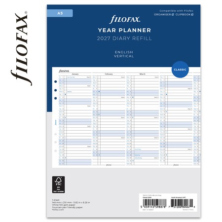 Filofax Naptárbetét Éves Vertikális A5 Fehér 2027