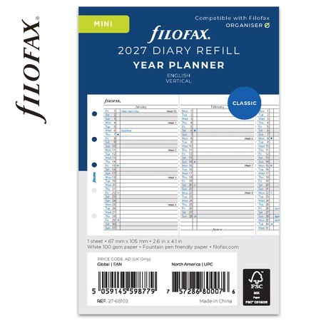 Filofax Naptárbetét Éves Vertikális Mini Fehér 2027