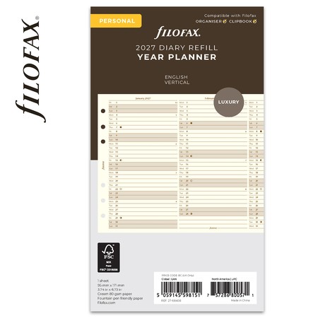 Filofax Naptárbetét Éves Vertikális Personal Krém 2027