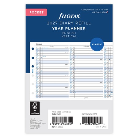 Filofax Naptárbetét Éves Vertikális Pocket Fehér 2027
