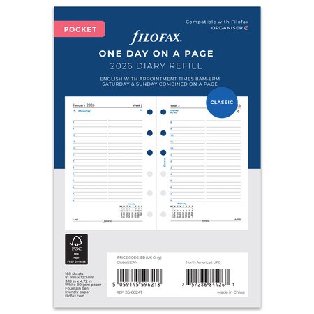 Filofax Naptárbetét Napi 1 nap / 1 oldal Pocket Fehér 2026