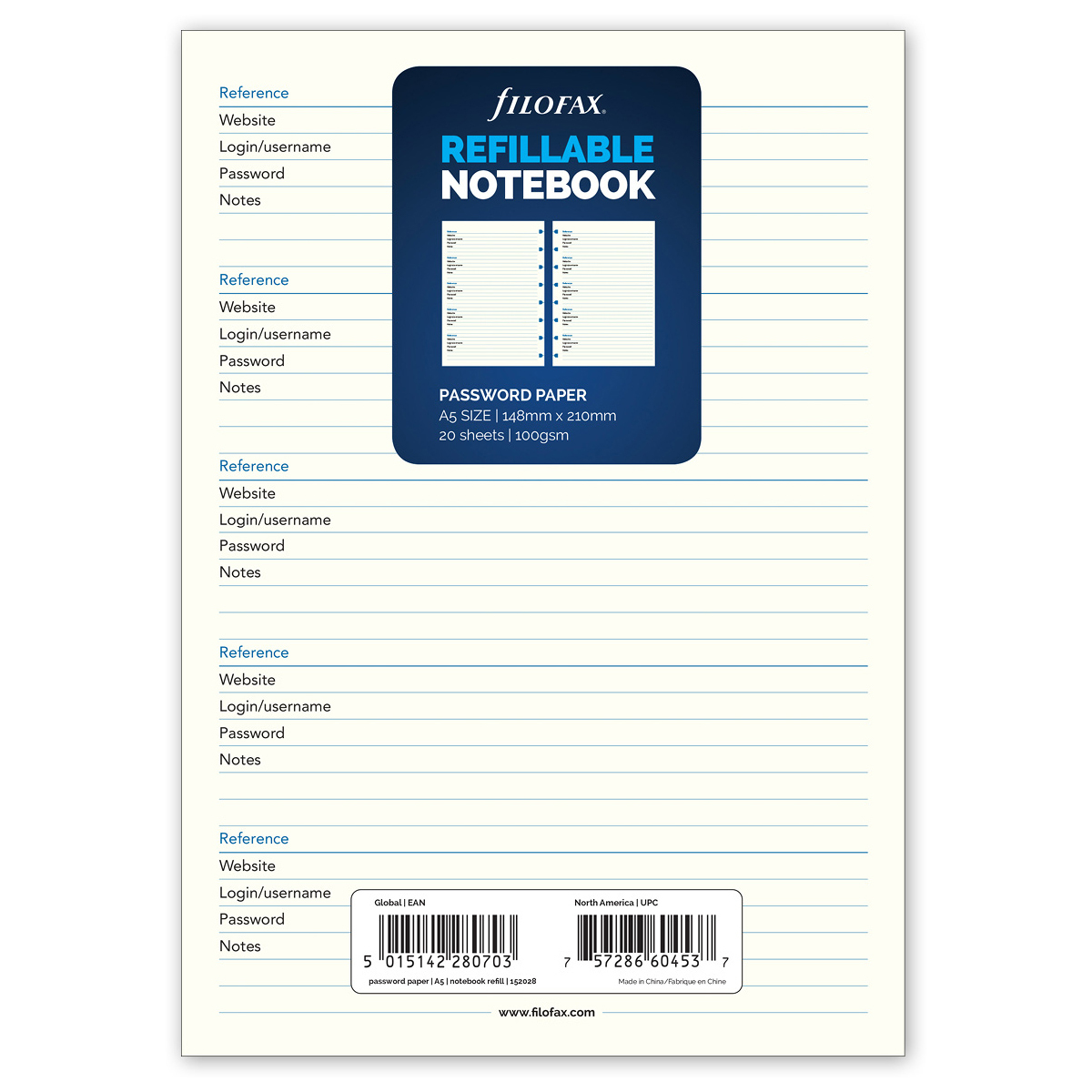 Filofax Notebook Pótlap Jelszó lista Fehér A5 Filofax Notebook Pótlap Jelszó lista Fehér A5
