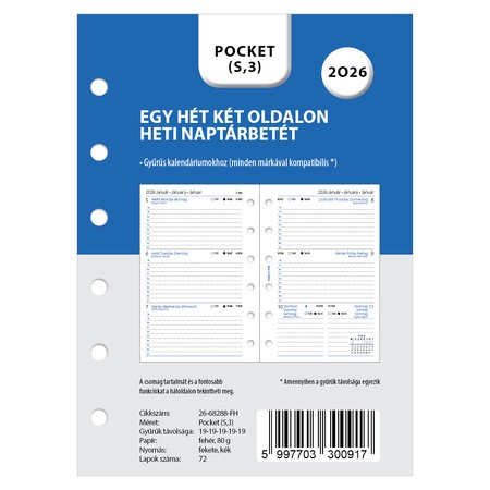 Filofaxhoz Naptárbetét Heti 1 hét / 2 oldal Magyar (H-GB-D) Pocket 2026 Fehér